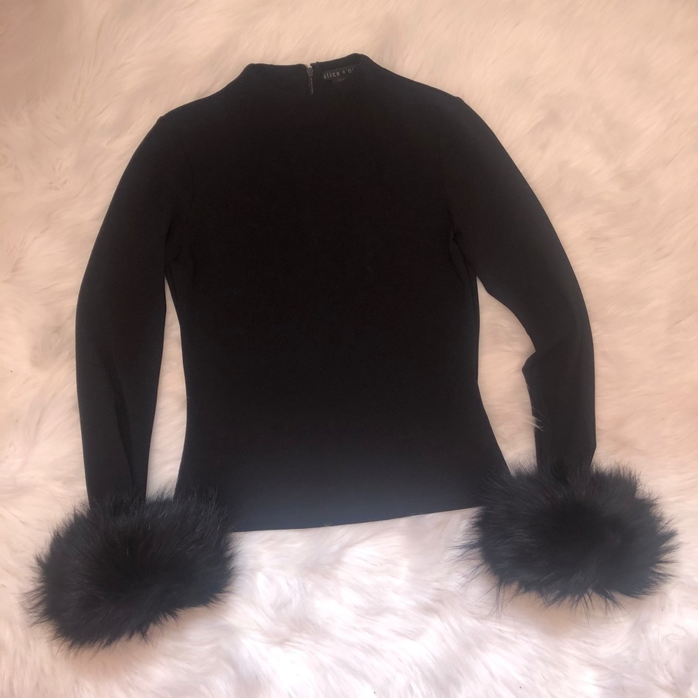 Alice + Olivia Haylen Top with Fur Cuffs